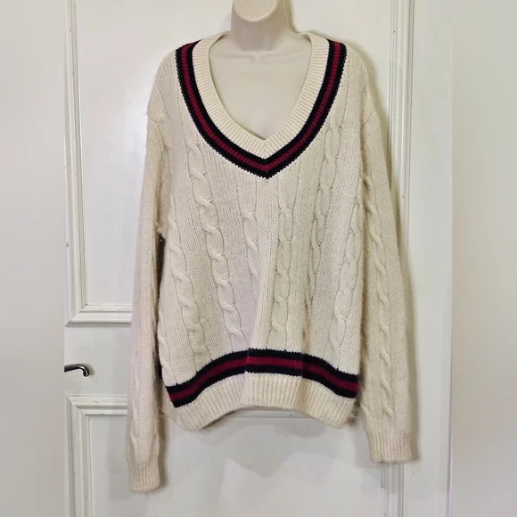 Brandy Melville NIKKI Cream/Red/Navy Cable Knit Oversized Wool Sweater,One Size - Picture 5 of 16